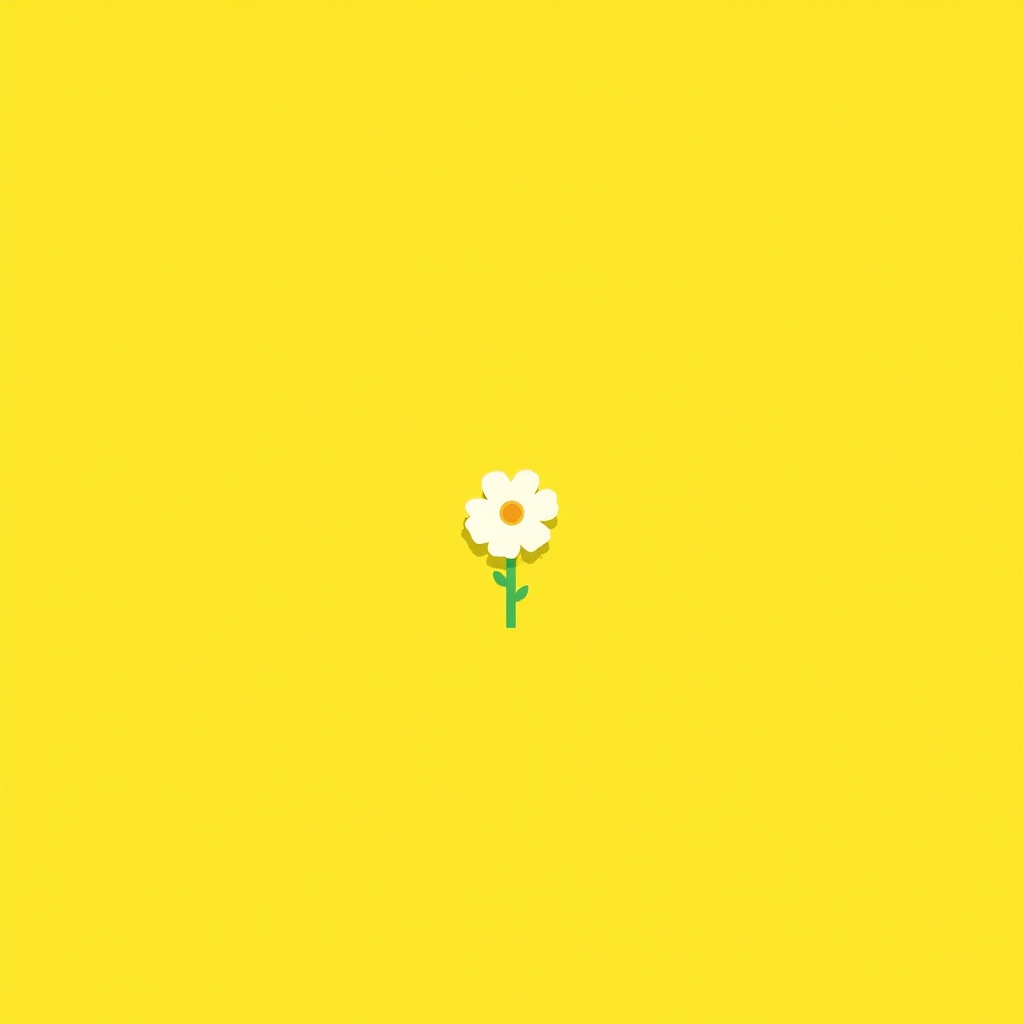 A single white flower with a yellow center stands on a vibrant yellow background.