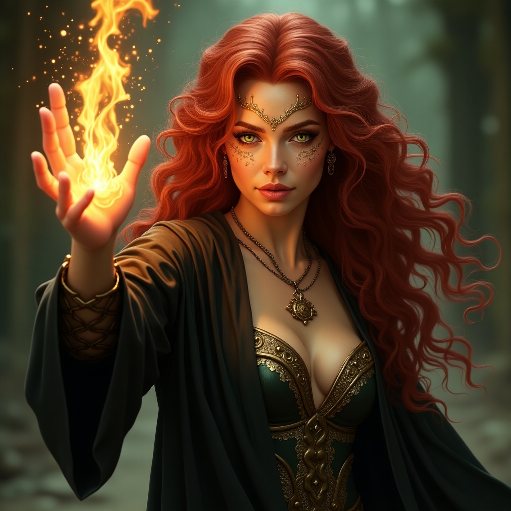 A captivating portrait of an ethereal sorceress with long ruby-red curly hair and golden eyes. She stands confidently, conjuring a magical flame in her outstretched hand. Her fitted black leather robe accentuates her powerful presence, and golden dragon-like scales add to her mystique. The flame flickers with an otherworldly light, reflecting the magic within her. Her sage green eyes, speckled with gold, gaze forward with determination. This character embodies both a warrior's strength and a spellcaster's grace, surrounded by an enchanting atmosphere.