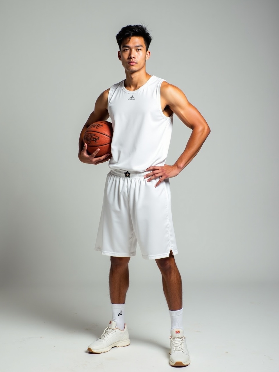 A young male athlete stands confidently holding a basketball under his arm. He is dressed in a white sleeveless sports outfit, complemented by white sneakers and socks. The minimalist background and neutral lighting bring attention to his athletic physique and the basketball he holds, highlighting the sporty theme.