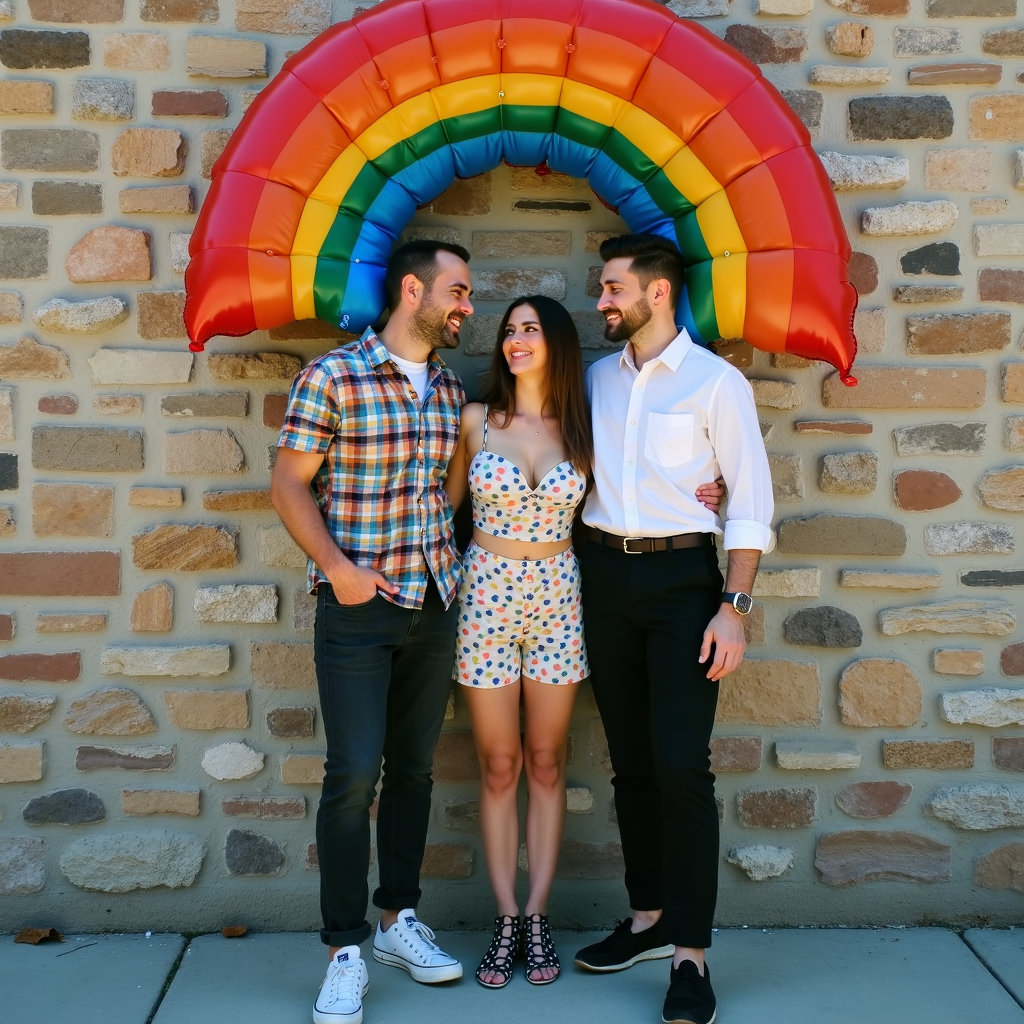 Three friends stand happily together under a colorful, inflatable rainbow against a stone wall.