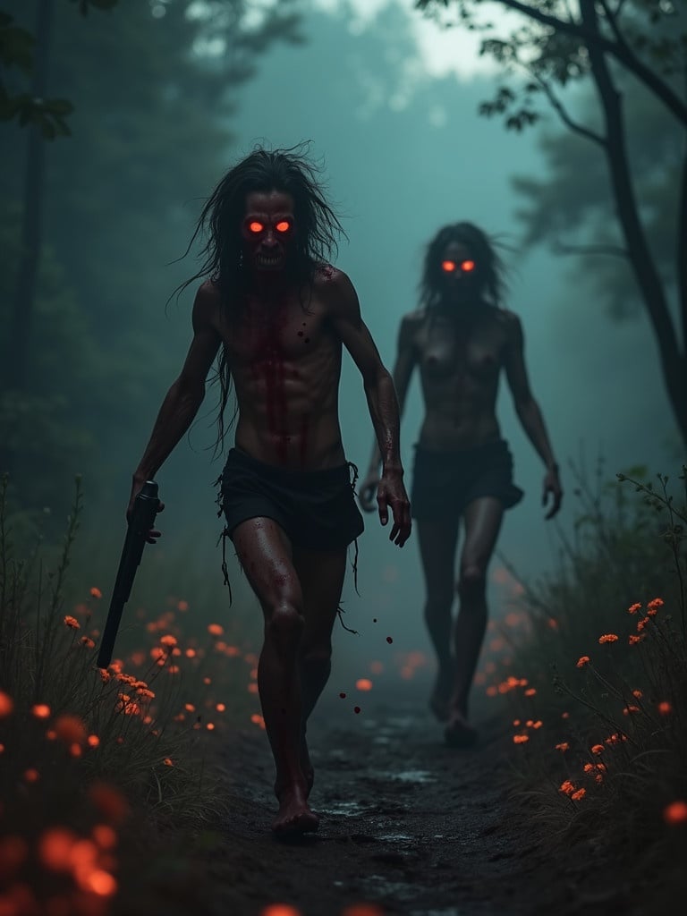 Scene depicts skinwalkers in a dark forest. The skinwalkers have blood on their body. They walk confidently down a path. Their eyes glow bright red. Atmospheric fog surrounds them. Glowing flowers line the path. The setting is eerie and foreboding.