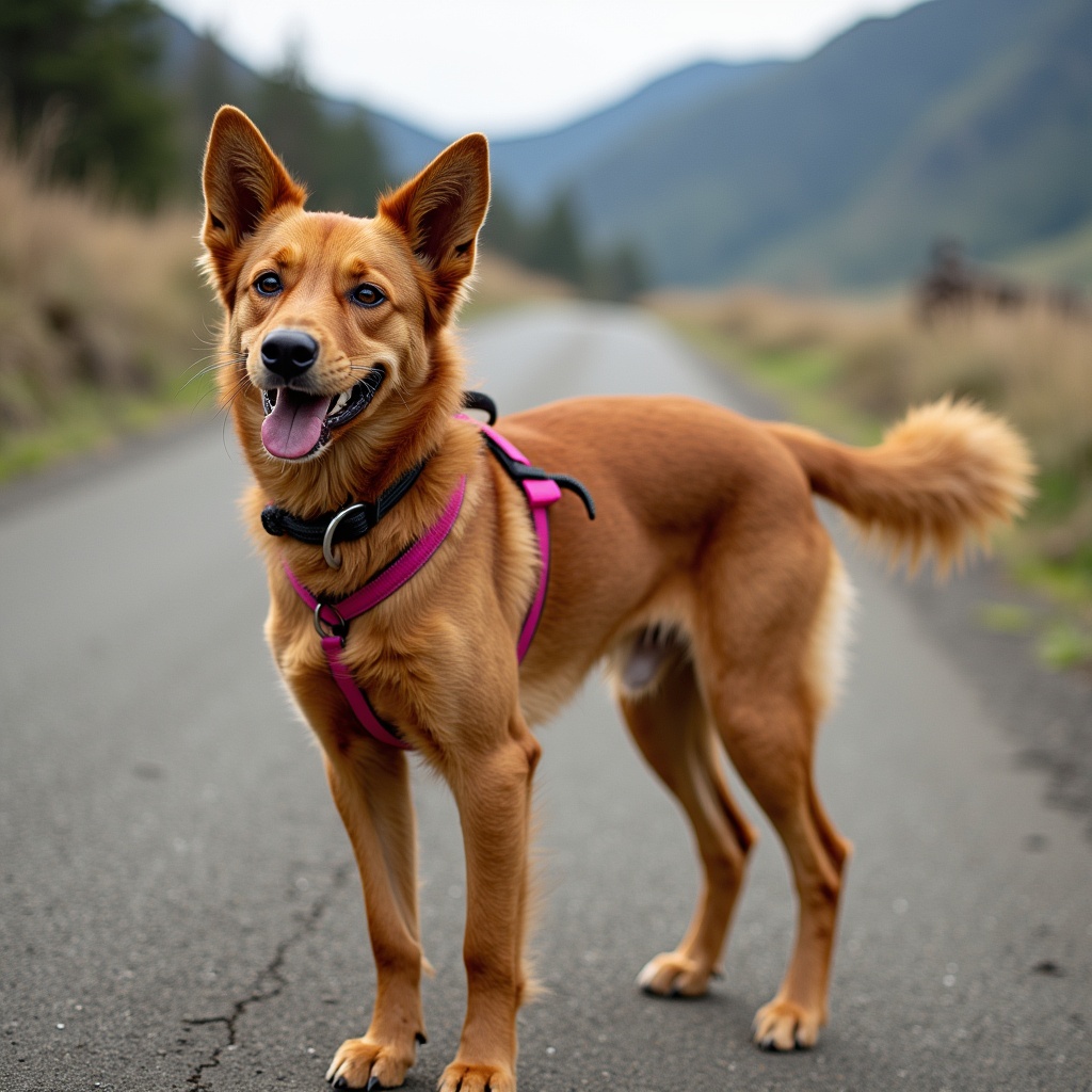 A happy brown dog with a pink harness standing on a road surrounded by nature. The dog has a friendly expression and a wagging tail.