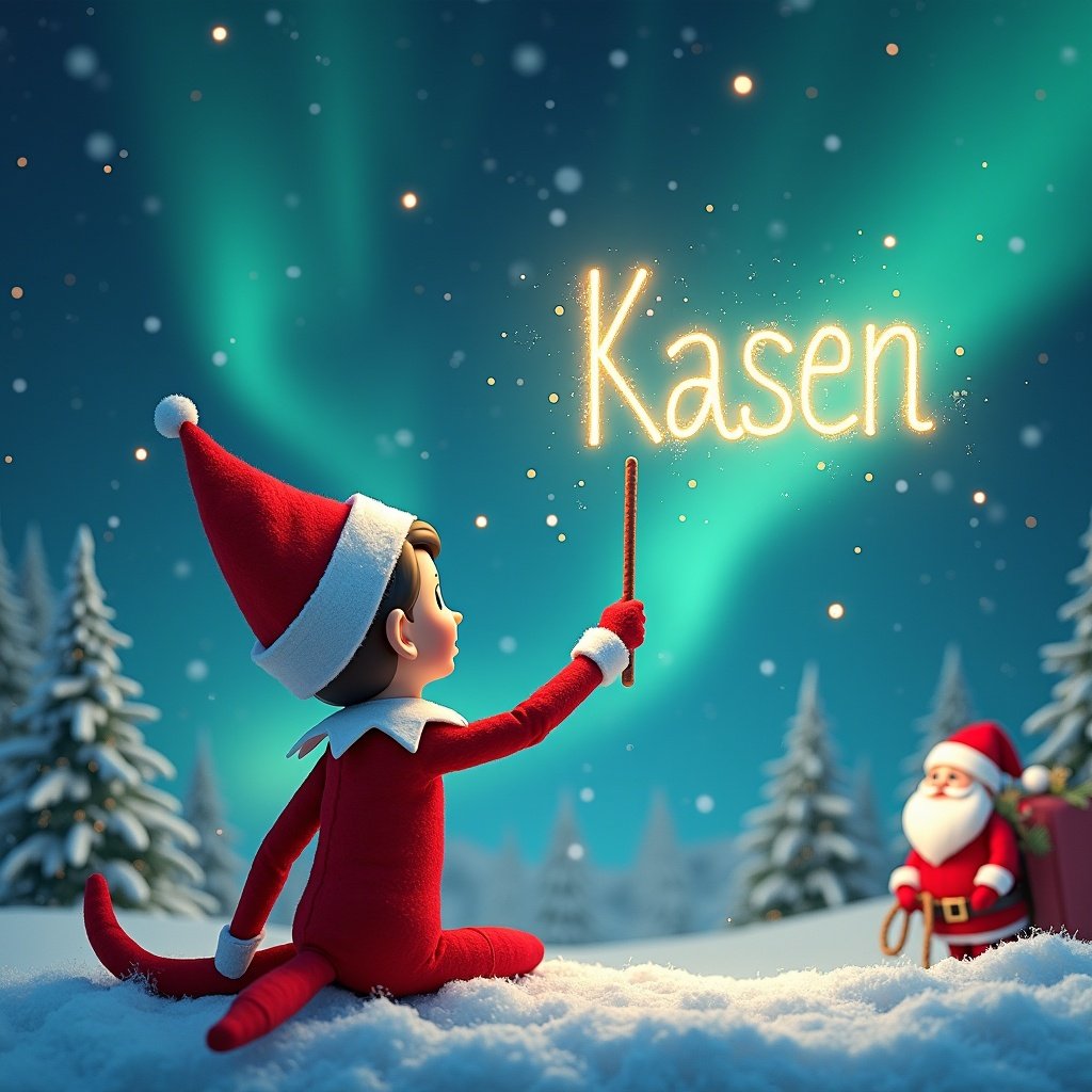 Elf character faces the sky holding a wand. Magical Christmas background includes northern lights. Elf writes a name in the sky. Snowy landscape and Santa appear in the distance.