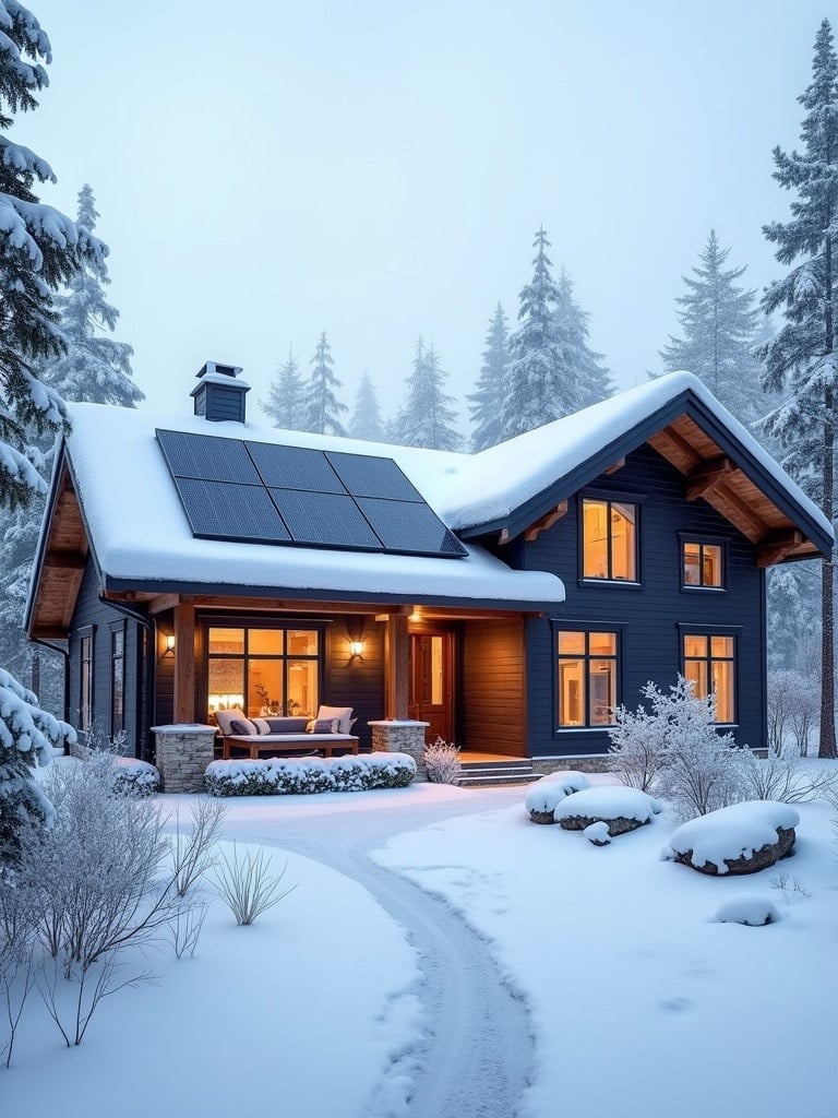 A luxury home features solar panels during winter snow. Snow covers the ground and trees around the house. Warm light emanates from the windows. The path is gently curved leading to the entrance.