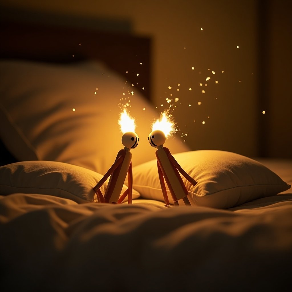 Warmly lit bedroom with two matchstick figures leaning against pillows on a bed. Figures have lit heads, creating a whimsical and imaginative scene that suggests intimacy or shared ideas.