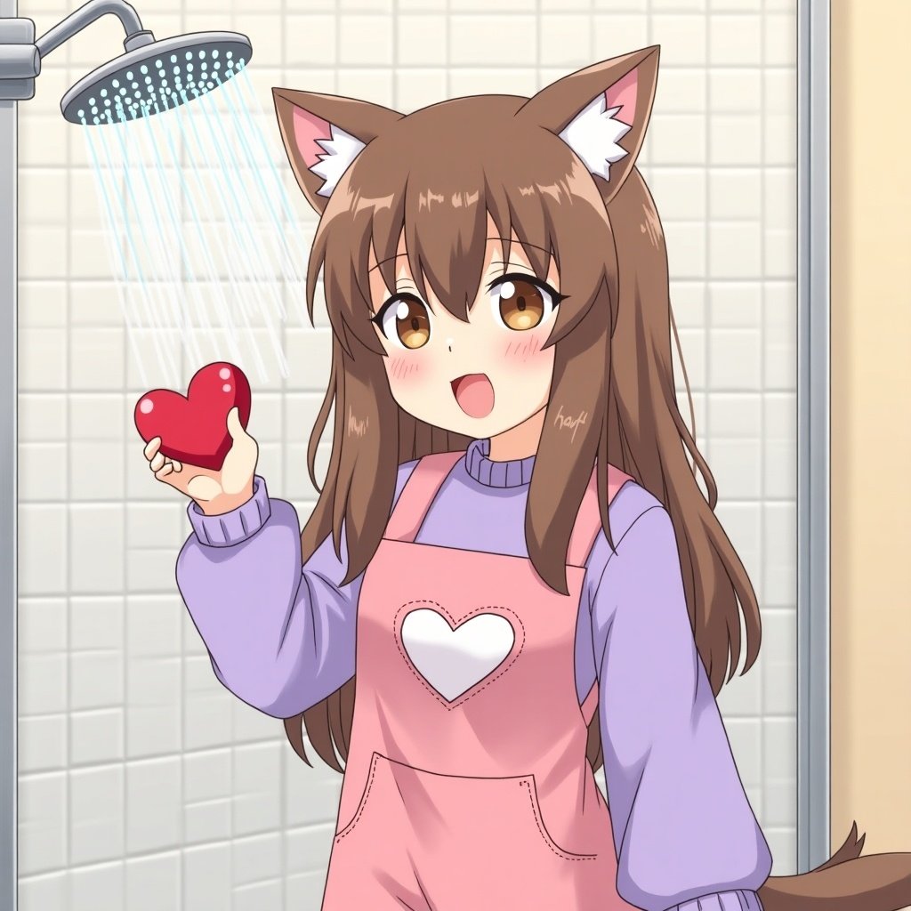 A furry anime girl is depicted wearing pink overalls over a purple sweater. She has long brown hair styled in a cute way. The overalls feature a heart design, and she holds a bright red heart-shaped object, portraying a playful demeanor. Her facial expression is cheerful, with a cat-like smile and her tongue sticking out. The setting is a bathroom with a shower overhead, and water is cascading down, giving the impression that her outfit is wet and soapy. This creates a lively and fun atmosphere for the character.