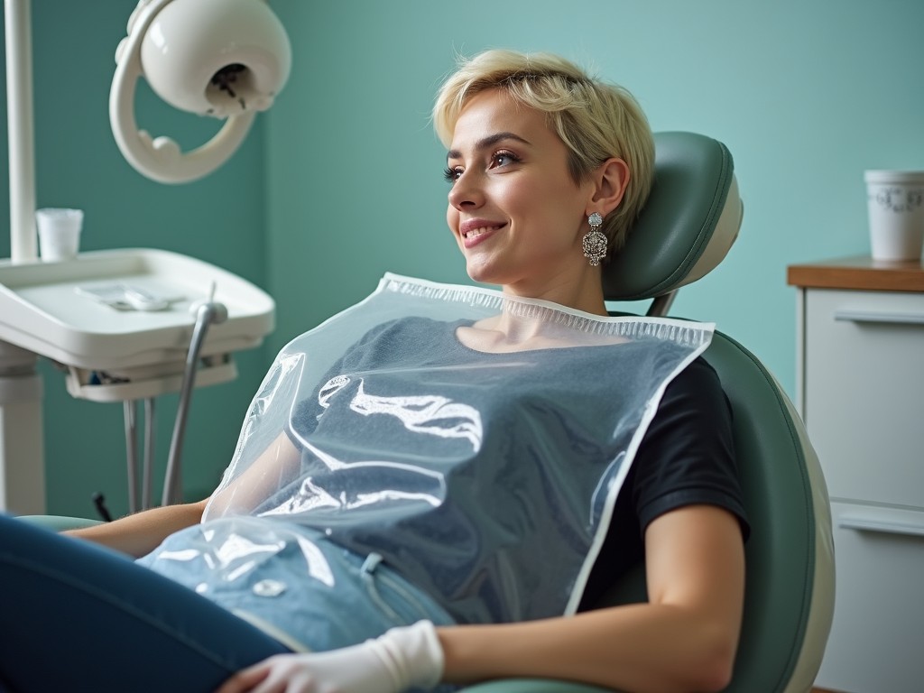 A young woman is seated in a dental clinic, relaxed in a dentist chair. She has short blond hair and is wearing a stylish black leather top paired with a denim skirt. The woman is smiling and appears comfortable, wearing a large clear PVC bib that covers her knees. The background is a calming teal color, enhancing the overall serene atmosphere of the dental office. There are dental equipment and supplies visible nearby, contributing to the clinic setting. Her fashionable earrings add a touch of style to her look.