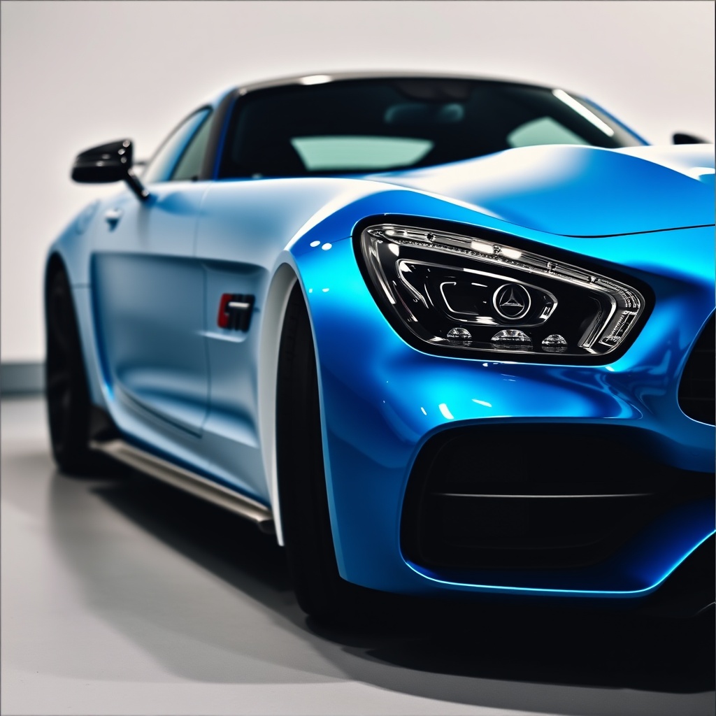 A close-up shot of a sleek, shiny blue sports car showcasing its stylish curves and detailed headlights.