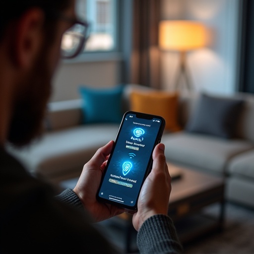 Person using smartphone to check wireless connection features. Smartphone screen shows app interface. Indoor setting with cozy furniture and soft lighting. Focus on the phone and hands. Blurred background creates an approachable atmosphere.