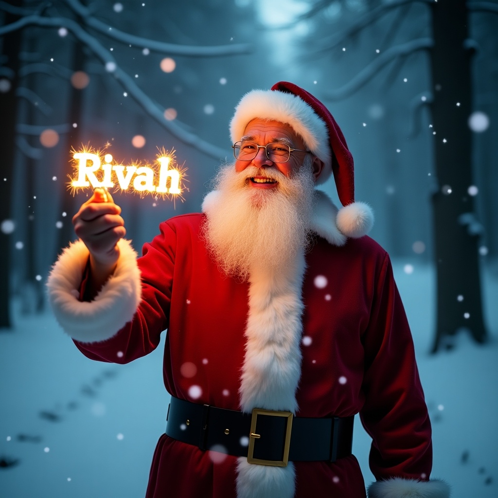 A magical Christmas scene features Santa Claus in a red suit with white trim. He stands in a snowy forest with enchanting glow. He holds a glow stick spelling 'Rivah' in sparkles. Light snowflakes fall around him. The scene captures the essence of the holiday spirit.