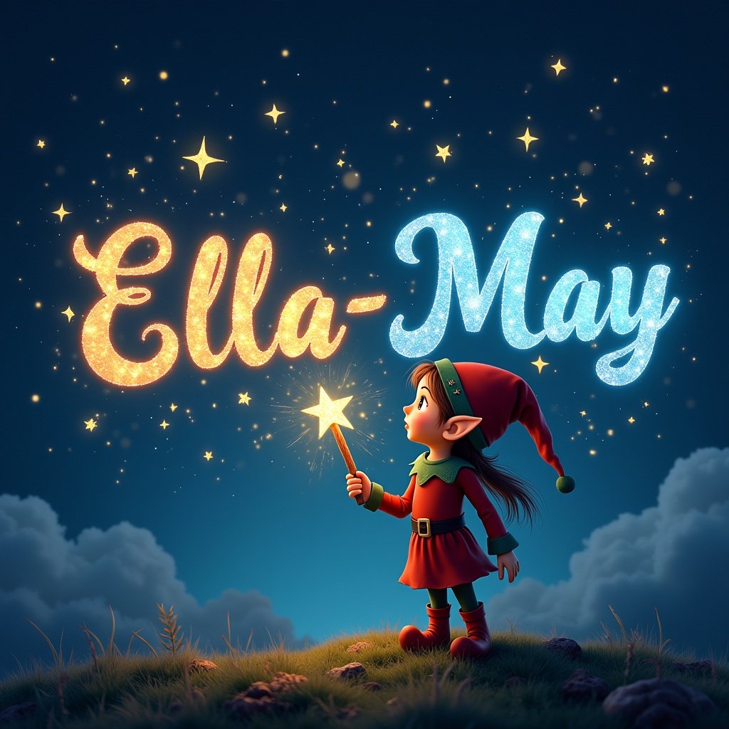 An elf uses a wand to write Ella-May in sparkling letters. Dark clouds enhance the luminous text. The elf wears colorful clothing creating a whimsical atmosphere. Twinkling stars add to the magic.