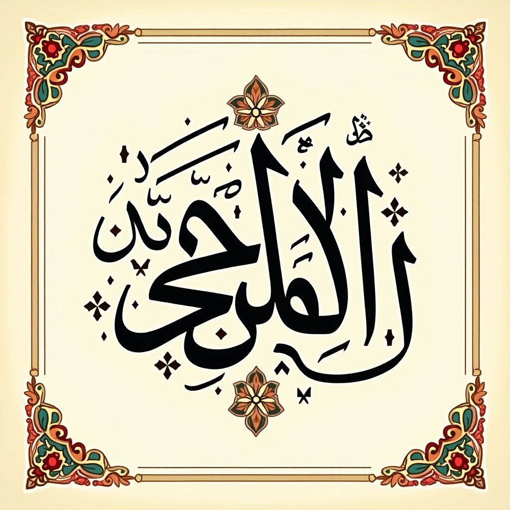 The image showcases intricate Arabic calligraphy featuring a significant religious phrase. It is artistically presented within a decorative border that highlights cultural motifs. The black calligraphy contrasts beautifully against a soft cream background. Surrounding floral and geometric patterns add vibrant colors to the composition. This elegant design emphasizes the importance of Islamic culture and tradition, making it suitable for various artistic uses.