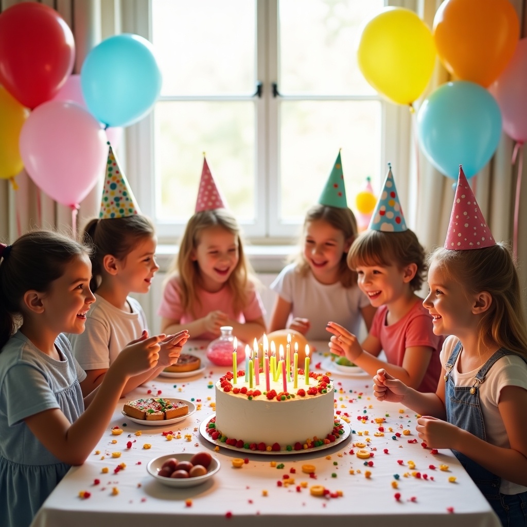 A cheerful scene of children celebrating a birthday party. Many children are sitting around a table filled with a big birthday cake. Colorful balloons and party hats add to the festive atmosphere. The children are smiling and enjoying the moment.