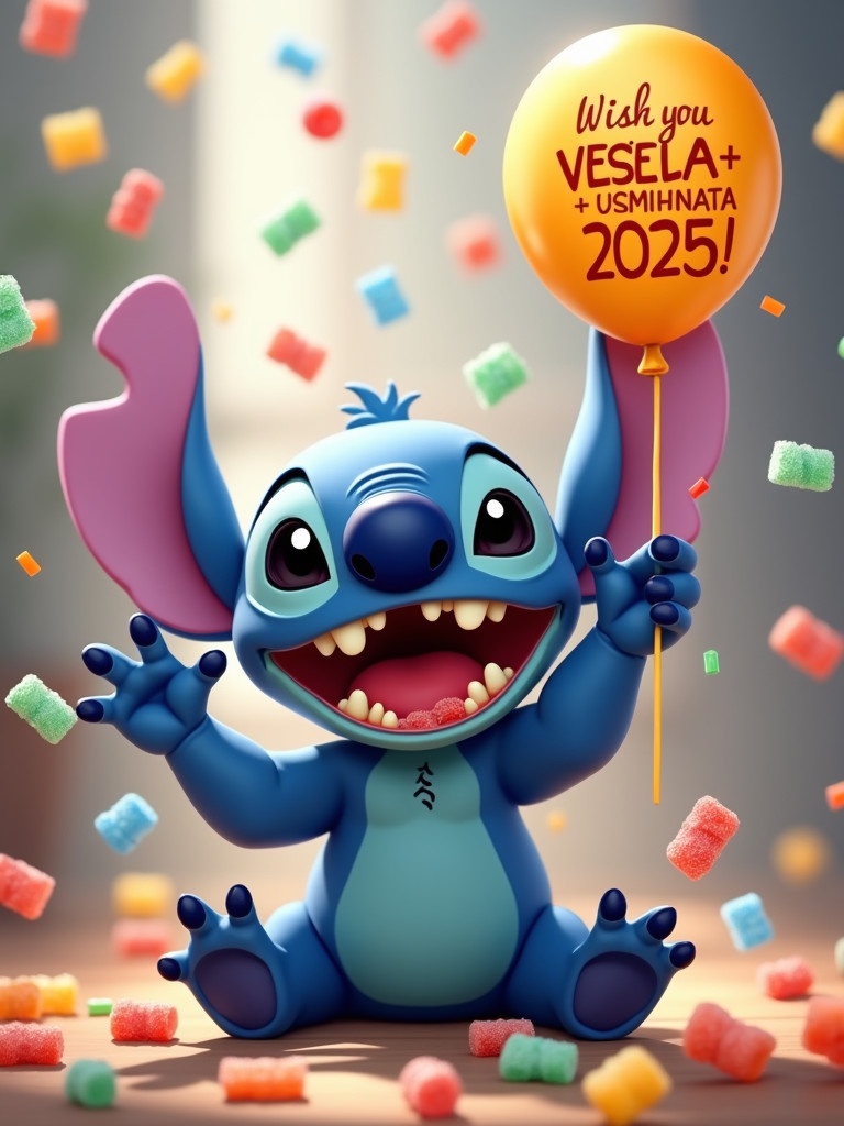 Cute blue alien character named Stitch smiling widely. Stitch has big ears and is sitting down. He throws gummy bears with one hand. His mouth is full of gummy bears. Confetti and gummy bears fly in the air. In the other hand he holds a balloon with a message. The message says 'Wish you VESELA + USMIHNATA 2025!'