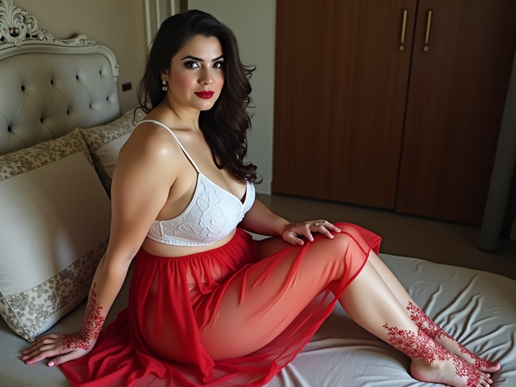 A woman is seated gracefully on a bed, wearing a flowing red skirt and a white lace top. Her dark, voluminous hair cascades over her shoulders, complementing the vibrant red of her lips. The intricate henna designs on her arms and legs add a touch of cultural richness to the scene, which is set in a softly lit bedroom with minimalistic decor.