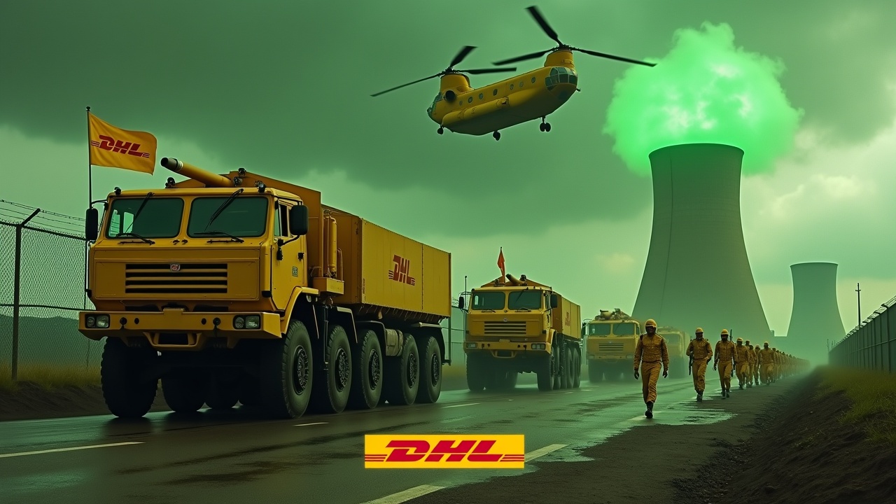 In a dramatic scene, several large yellow armored trucks equipped with cannons drive beside a fence. The trucks are branded with the DHL logo. Nearby, soldiers in yellow uniforms march together, some holding rifles and a flag with the DHL logo. In the background, the glowing green smokestacks of a nuclear power plant create a menacing atmosphere. The sky is filled with an eerie green hue, and a Chinook CH-47 helicopter flies above, adding intensity. The scene conveys a powerful image of military logistics in a striking manner.