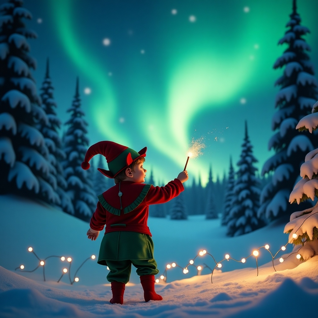 The image depicts a child dressed in an elf costume, viewed from the back. The child gazes up at a vibrant display of Northern lights in a snowy landscape. A wand in hand creates a sparkling magical effect. Snow-covered trees surround the scene, enhancing the winter ambiance. Twinkling fairy lights in the foreground add warmth to the festive atmosphere, evoking a sense of holiday cheer.