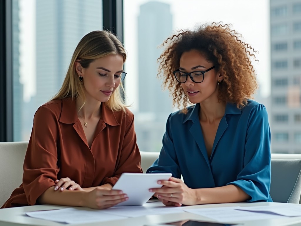 The image showcases two women working collaboratively at a modern office desk. One is wearing a loose-fitting red-brown blouse, while the other sports a blue blouse. They are focused intently on a document held in their hands, reflecting a sense of teamwork. Tall city buildings can be seen outside the large windows behind them, adding a professional setting. The image is oversaturated, giving it a vibrant appearance that enhances the colors of their attire and the workspace.