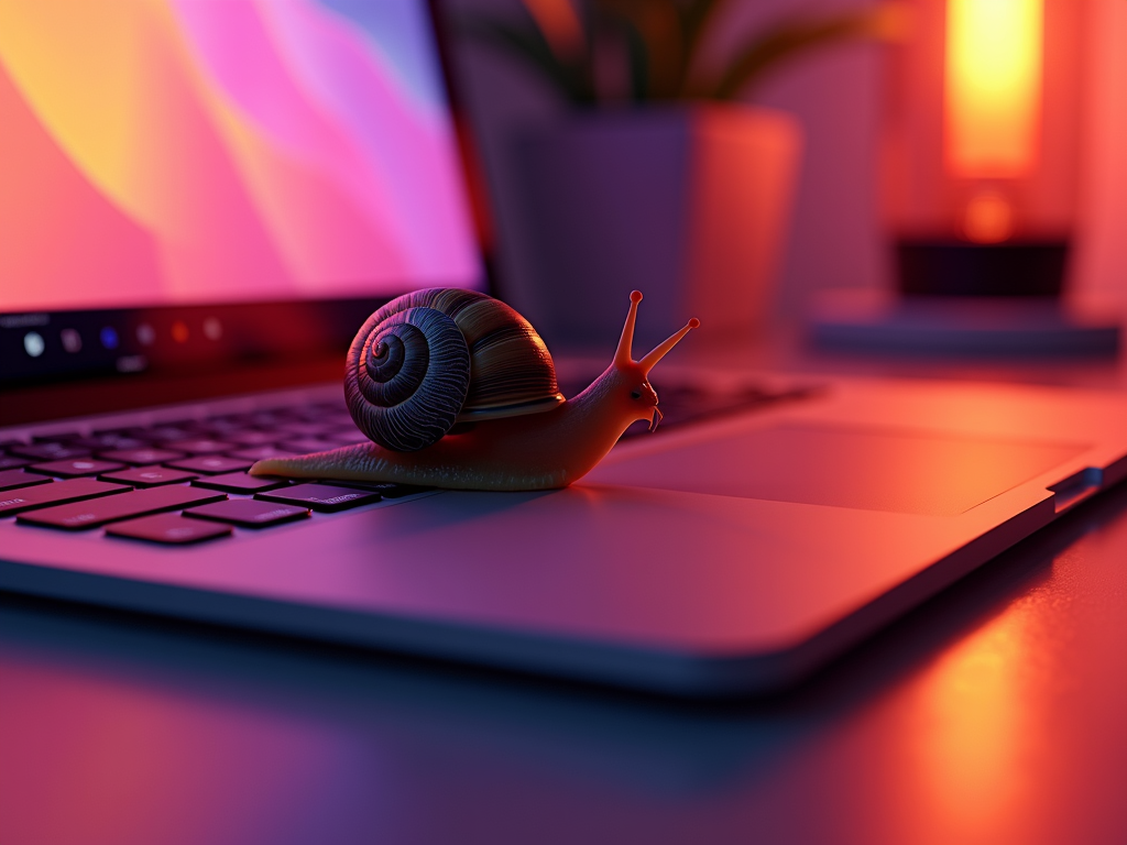 A snail is sitting on a laptop keyboard in a softly lit room.