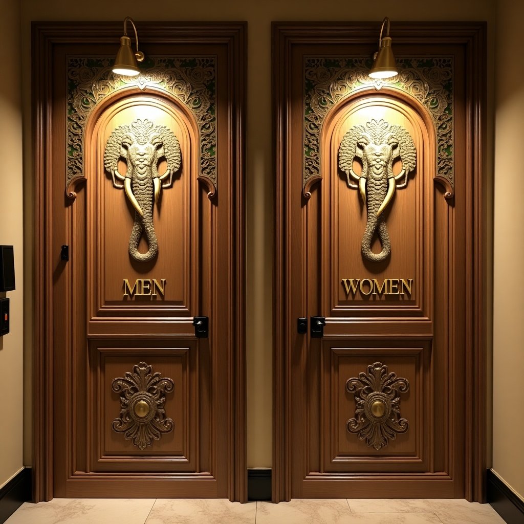 Traditional ornate wooden restroom signage featuring elephant motifs for men and women for a Kerala-inspired boutique hotel. The design includes intricate borders, culturally inspired accents, and warm lighting to create an elegant atmosphere.