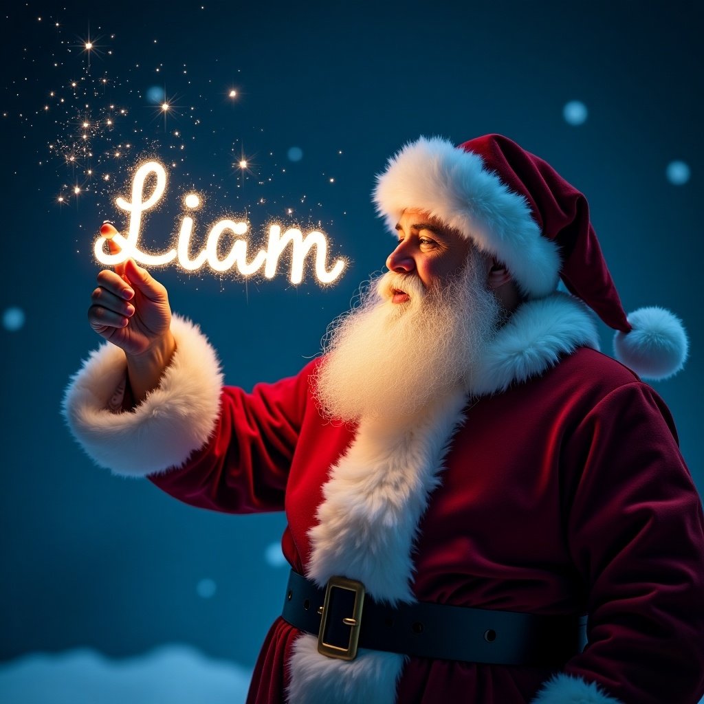 Santa writes 'Liam' in sparkling text. Starry night sky surrounds him. Magical and wonder-filled atmosphere. Fairy tale elements.