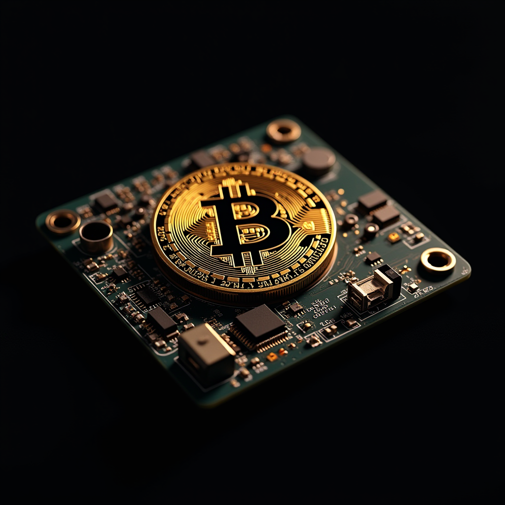 A golden Bitcoin symbol is prominently displayed atop a computer circuit board against a dark background.