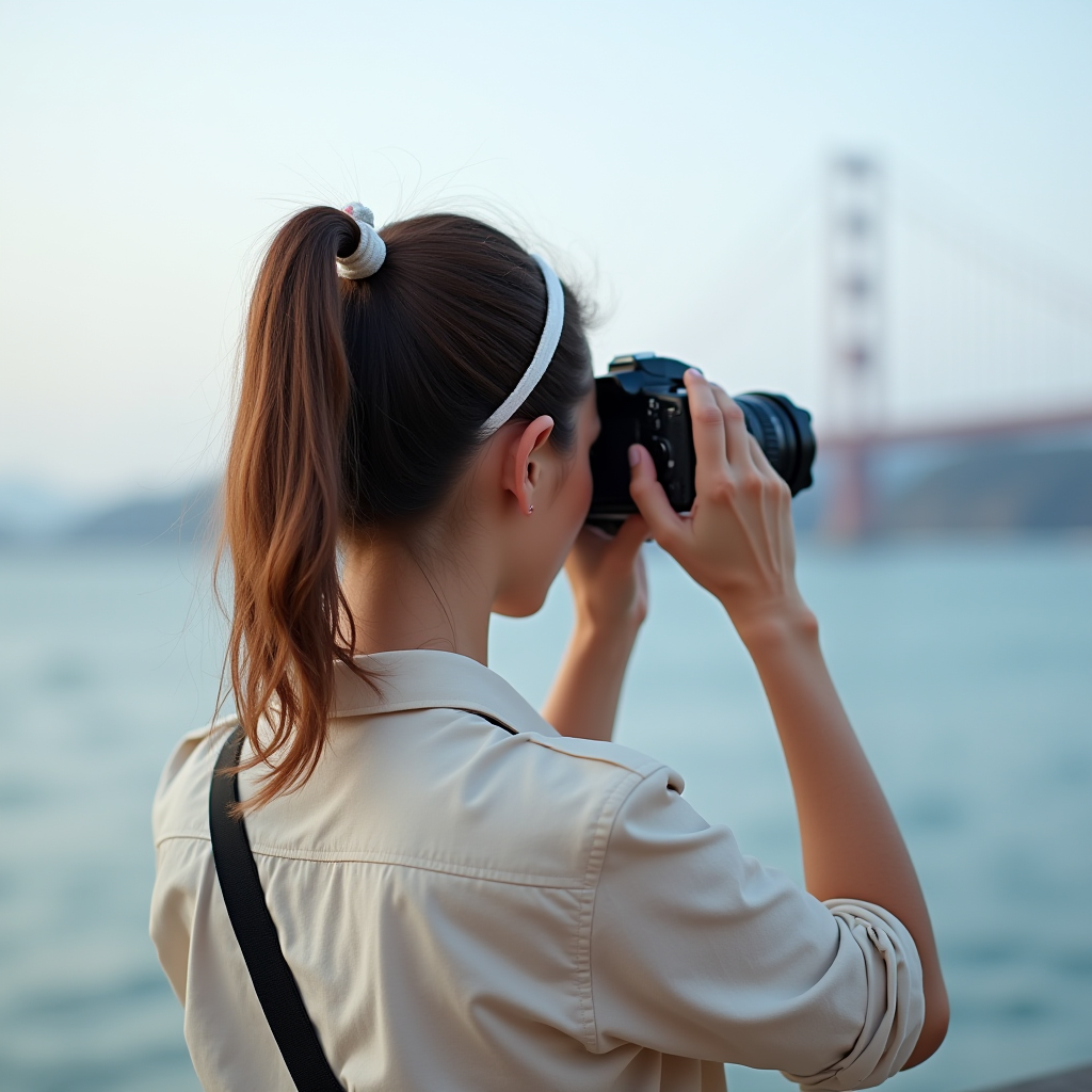 A woman in a beige jacket takes a photo of a famous suspension bridge over a hazy bay.