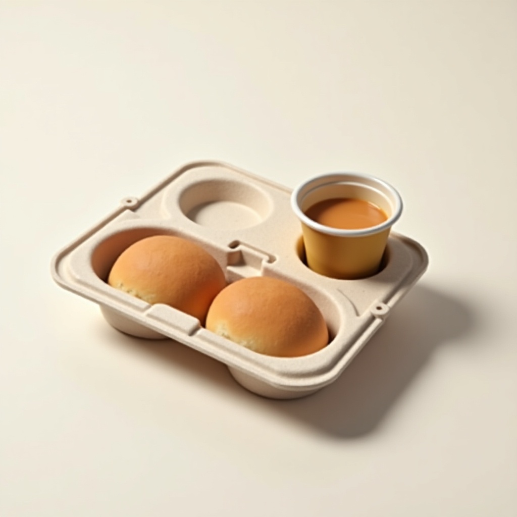 Box designed for food packaging featuring one compartment for liquid and two for bread. Easily portable for consumers.