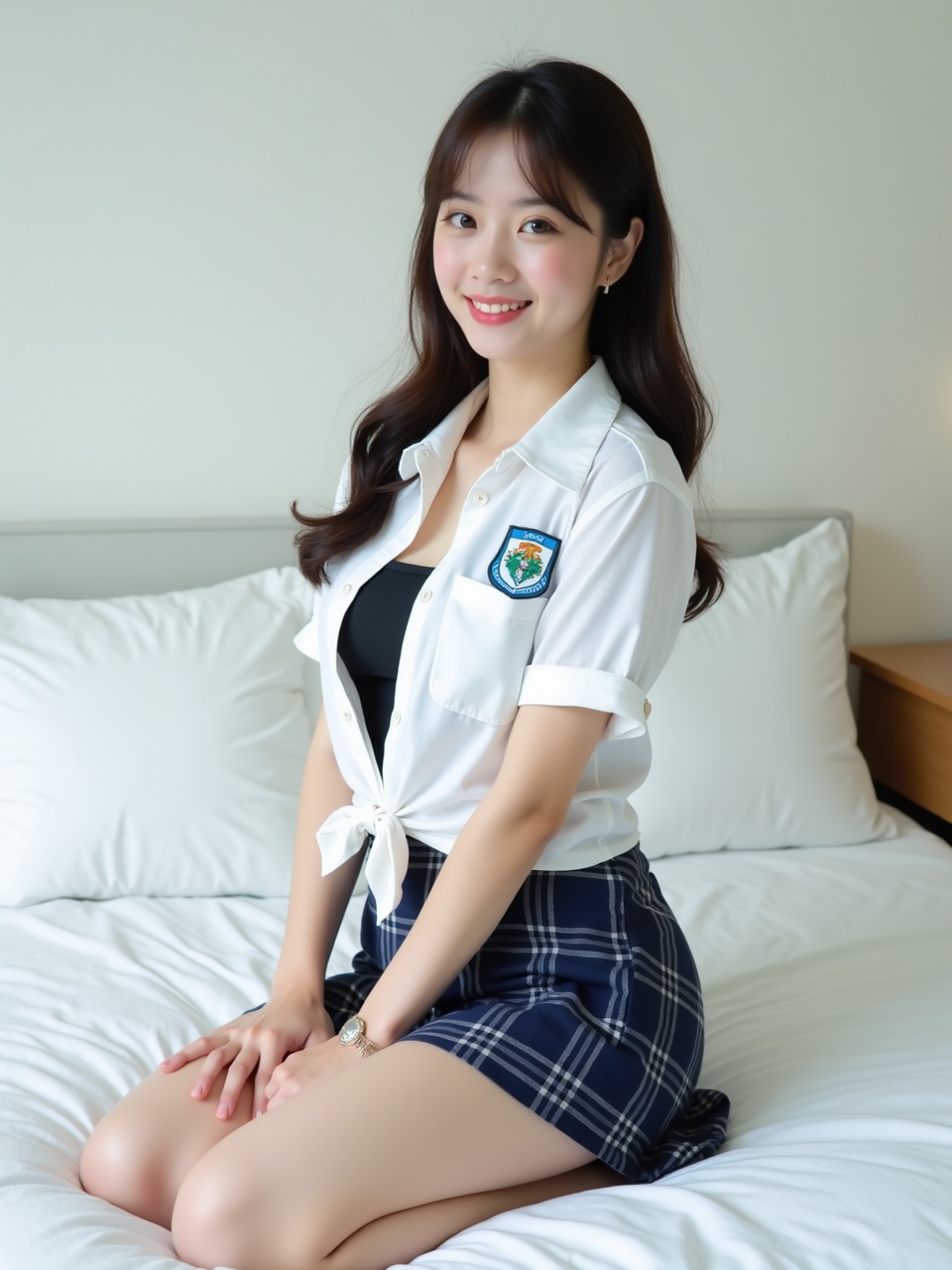 A young woman sitting on a bed wearing a school uniform, smiling gently with long hair.