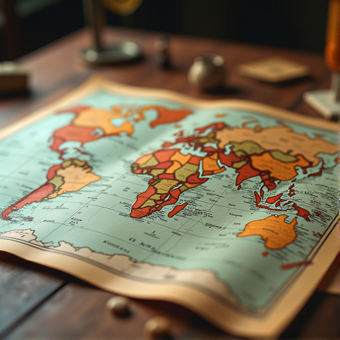 A vintage-style world map with pastel colors is laid out on a wooden desk, surrounded by small objects and diffuse warm lighting.