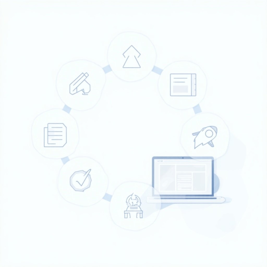 Sleek and modern representation of web development. Flowchart with stages like planning, design, development, testing, and deployment. Icons representing each stage. Laptop displaying web portal interface in progress. Clean and minimalist style with tech-oriented color palette. Subtle background gradients or geometric patterns. Optional text: 'Key Stages of Web Portal Development.'