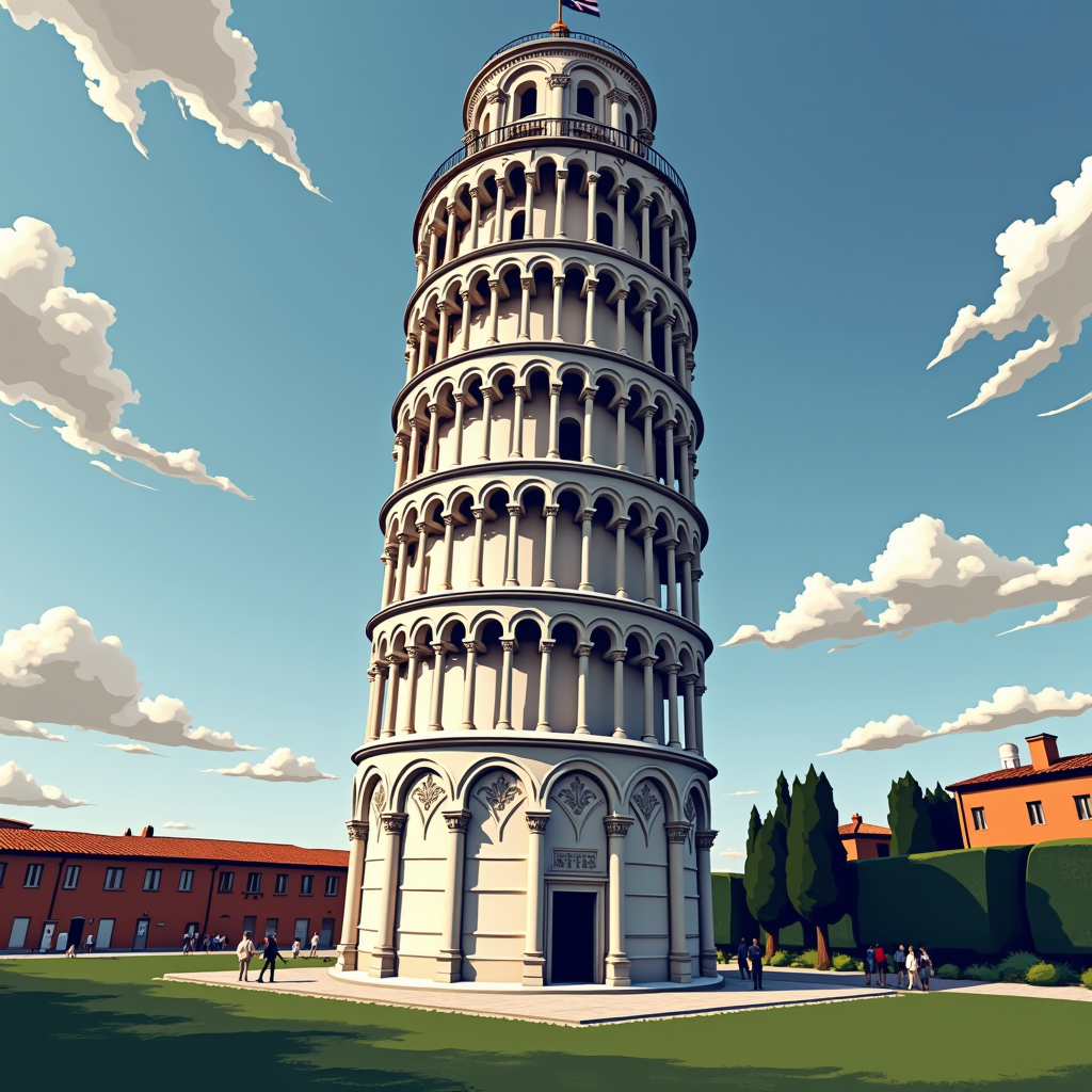 A stylized illustration of the Leaning Tower of Pisa under a clear blue sky, surrounded by people and lush green trees.