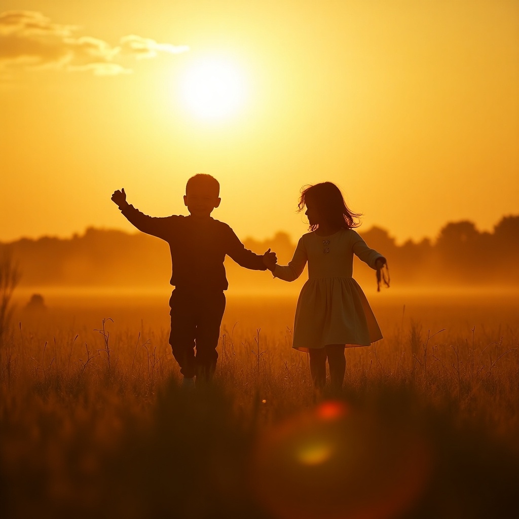 The image captures two children, a boy and a girl, joyfully running together in a sunlit meadow during a stunning golden sunset. The setting sun casts a warm, golden hue over the landscape, creating a serene and magical atmosphere. The children, silhouetted against the bright backdrop, symbolize innocence and carefree joy. Their hands are interlocked, signifying friendship and companionship as they explore the beauty around them. This scene evokes a sense of nostalgia and the simple pleasures of childhood spent in nature.