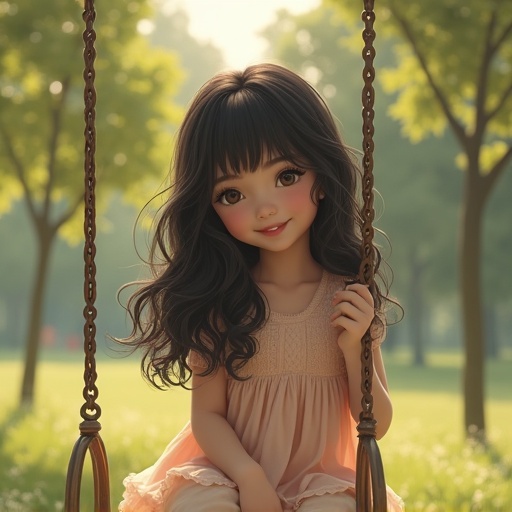 A young girl with long black curly hair is sitting on a swing. She wears a soft pink dress. The background features lush green trees and a soft light. The atmosphere is serene and joyful.