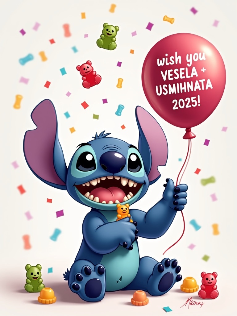 Cute blue alien character named Stitch sitting down with a joyful expression. Stitch is throwing gummy bears. His mouth is full of gummy bears. Confetti is in the air. In one hand, holding a balloon saying 'Wish you VESELA + USMIHNATA 2025!'