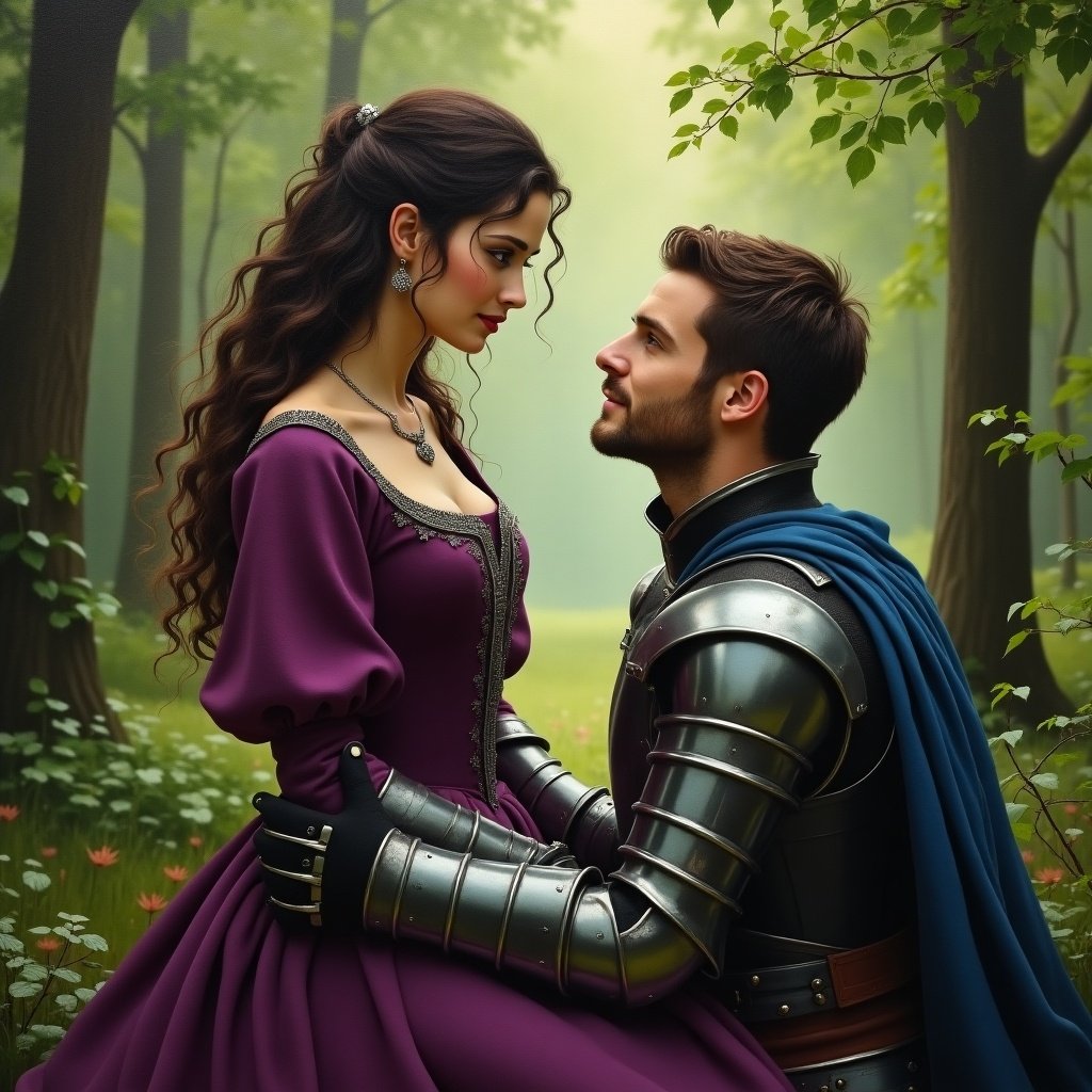 Neoclassical romantic oil painting featuring a slim pale woman with long dark curly hair and olive green eyes wearing a plum medieval dress with silver jewelry. A tall man in medieval knight armor kneels in front of her. The scene is set in a lush green forest with soft lighting enhancing the atmosphere.