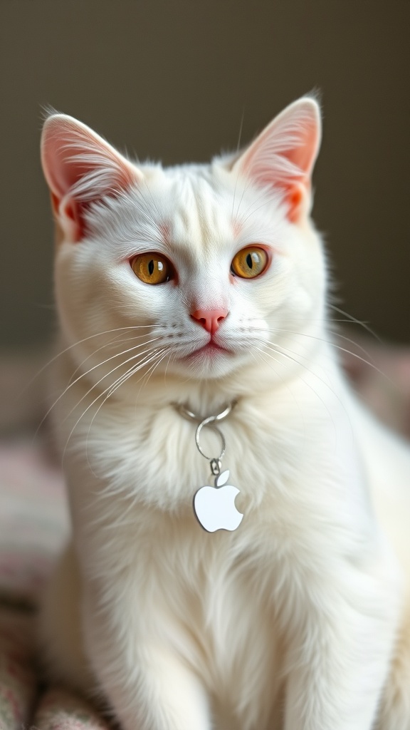 A fluffy white cat wearing a collar with an apple-shaped charm.