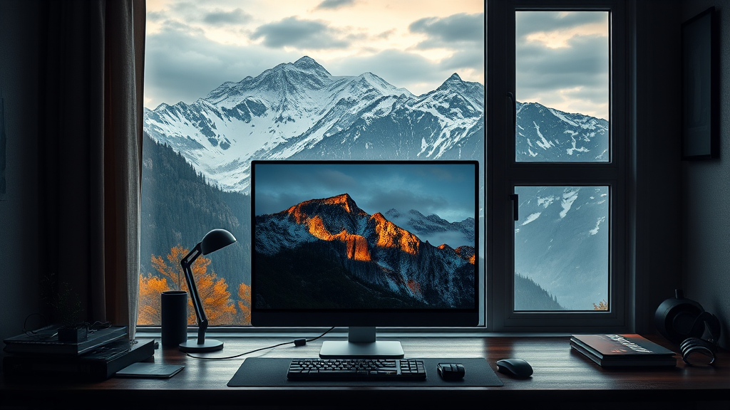 A computer setup by a window overlooks snow-covered mountains at sunset.