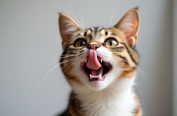 A close-up of a playful tabby cat with its tongue out, large eyes, and ears perked, capturing a moment of curiosity and mischief.