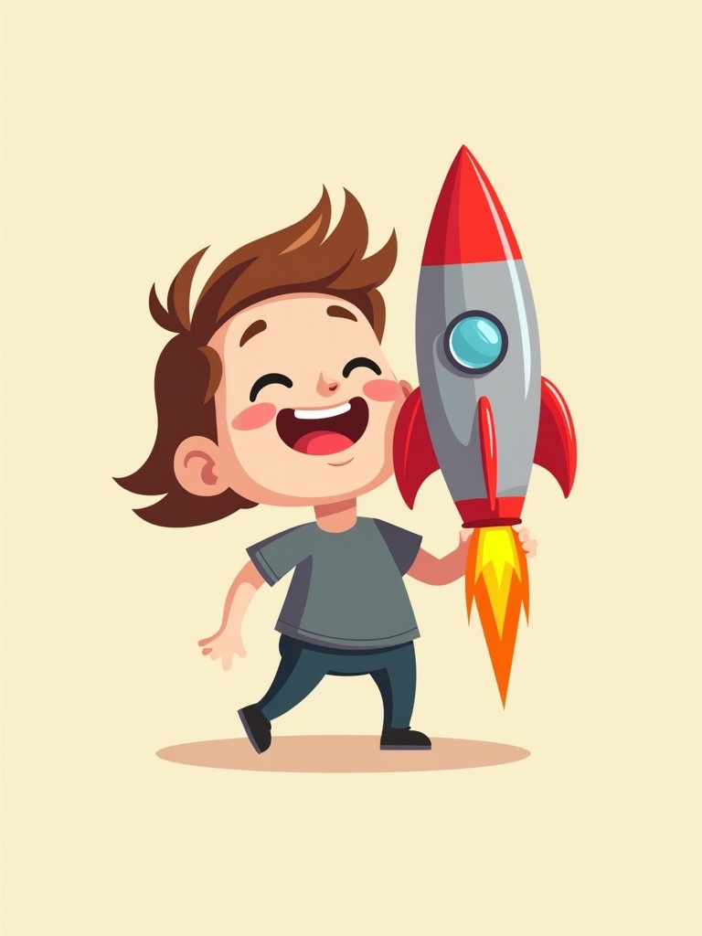 Cartoon character smiling while holding a rocket. Rocket is red and gray with flames. Light beige background enhances playful theme. Focus on technology and space exploration feel.