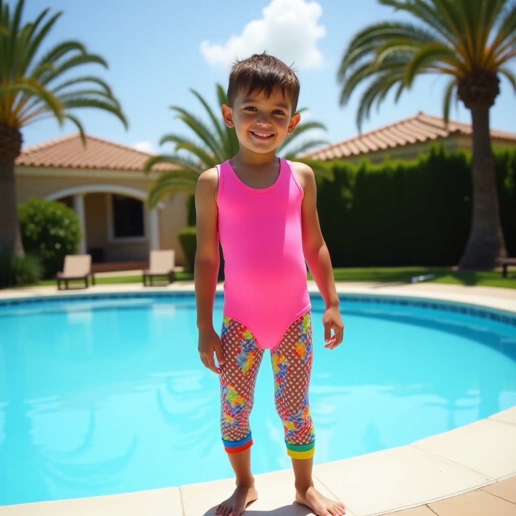 A confident young boy is standing by a sparkling pool on a sunny day. He is wearing a bright pink one-piece swimsuit paired with vibrant fishnet tights. The background features palm trees and a well-maintained property, enhancing the summer vibe. His smile radiates joy and enthusiasm, capturing the carefree essence of childhood. This scene perfectly represents fun in the sun and fashionable swimwear for kids. The clear blue water reflects the sunlight, creating a cheerful atmosphere.