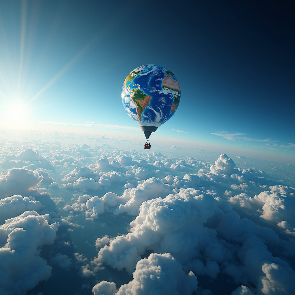 A hot air balloon with a globe design floats above fluffy clouds under a bright blue sky.