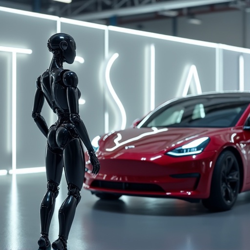 AI model stands in front of a Tesla car pointing at it.