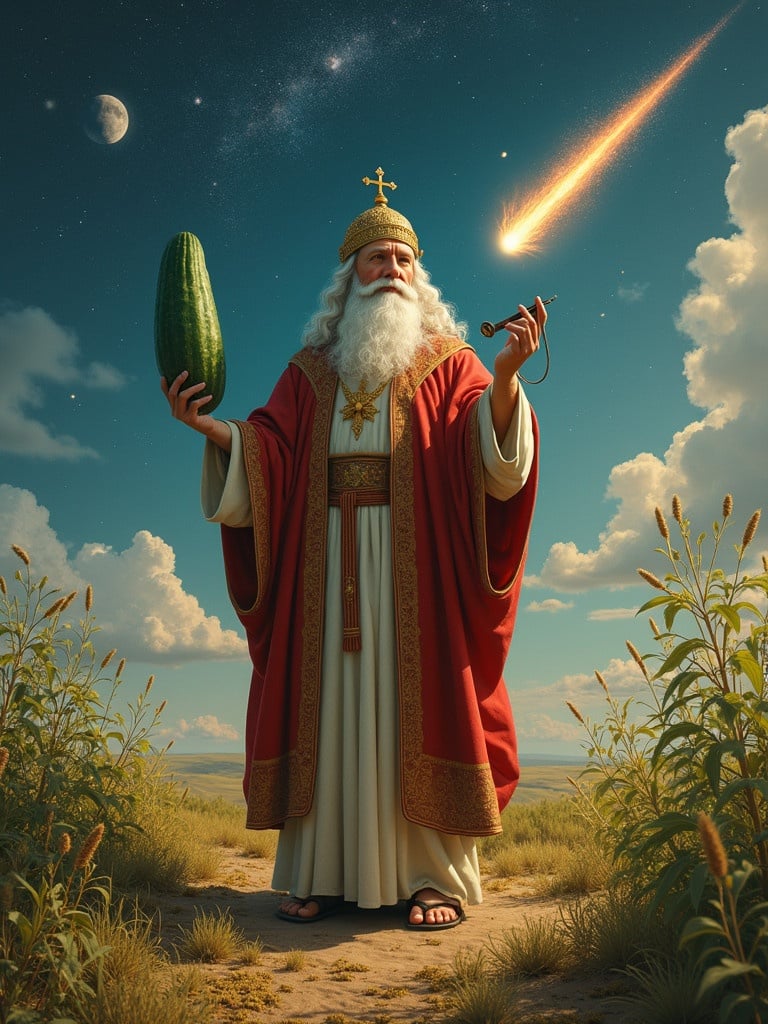 Saint Nicholas stands in a dream-like landscape. A cucumber is held in one hand. A compass is in the other hand. A large comet streaks across the sky. The ground is covered in cumin. The atmosphere is ethereal and surreal.