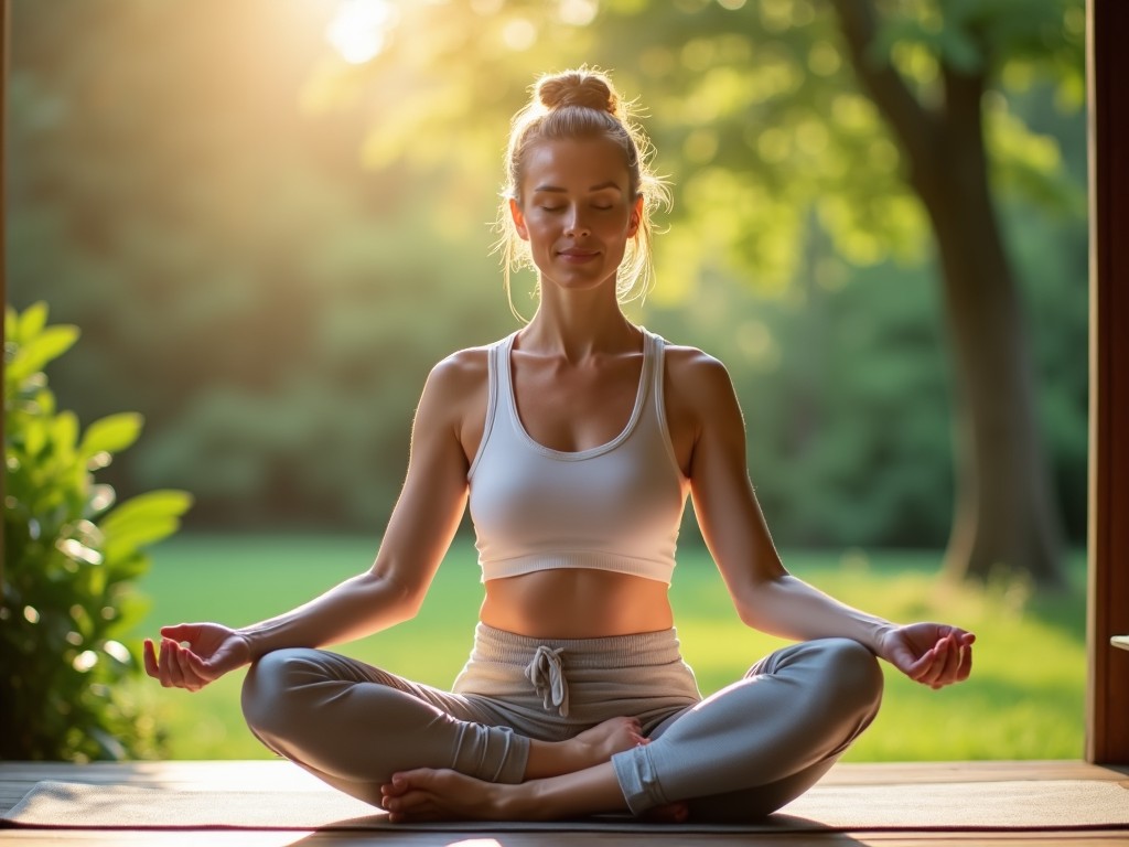 The image features a woman meditating in a serene outdoor setting. She is seated cross-legged with her eyes closed, projecting tranquility and focus. Golden sunlight bathes her in warmth, enhancing the peaceful atmosphere. Surrounded by lush greenery, the scene evokes a sense of calm and connection with nature. This moment captures the essence of mindfulness and self-awareness.