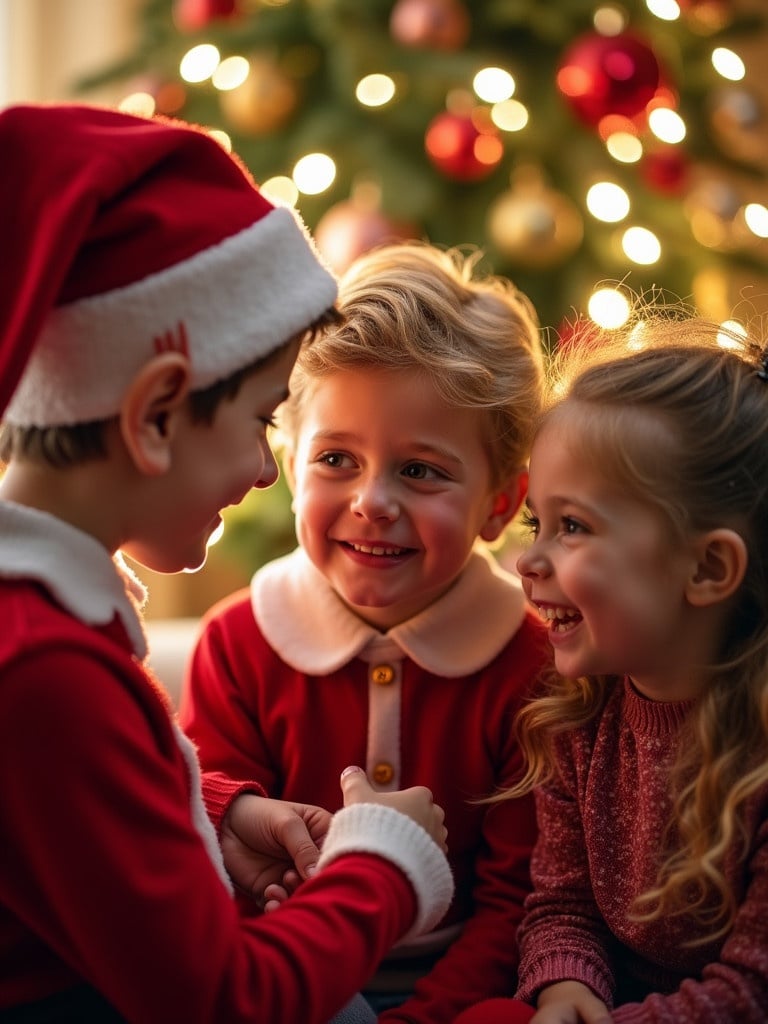 A cute elf in a red suit playing with two human friends. Scene captures joy and excitement of Christmas. A 12 year old boy with blonde wavy hair playing with a six year old girl with brown curly hair. Background features Christmas tree with ornaments and lights.