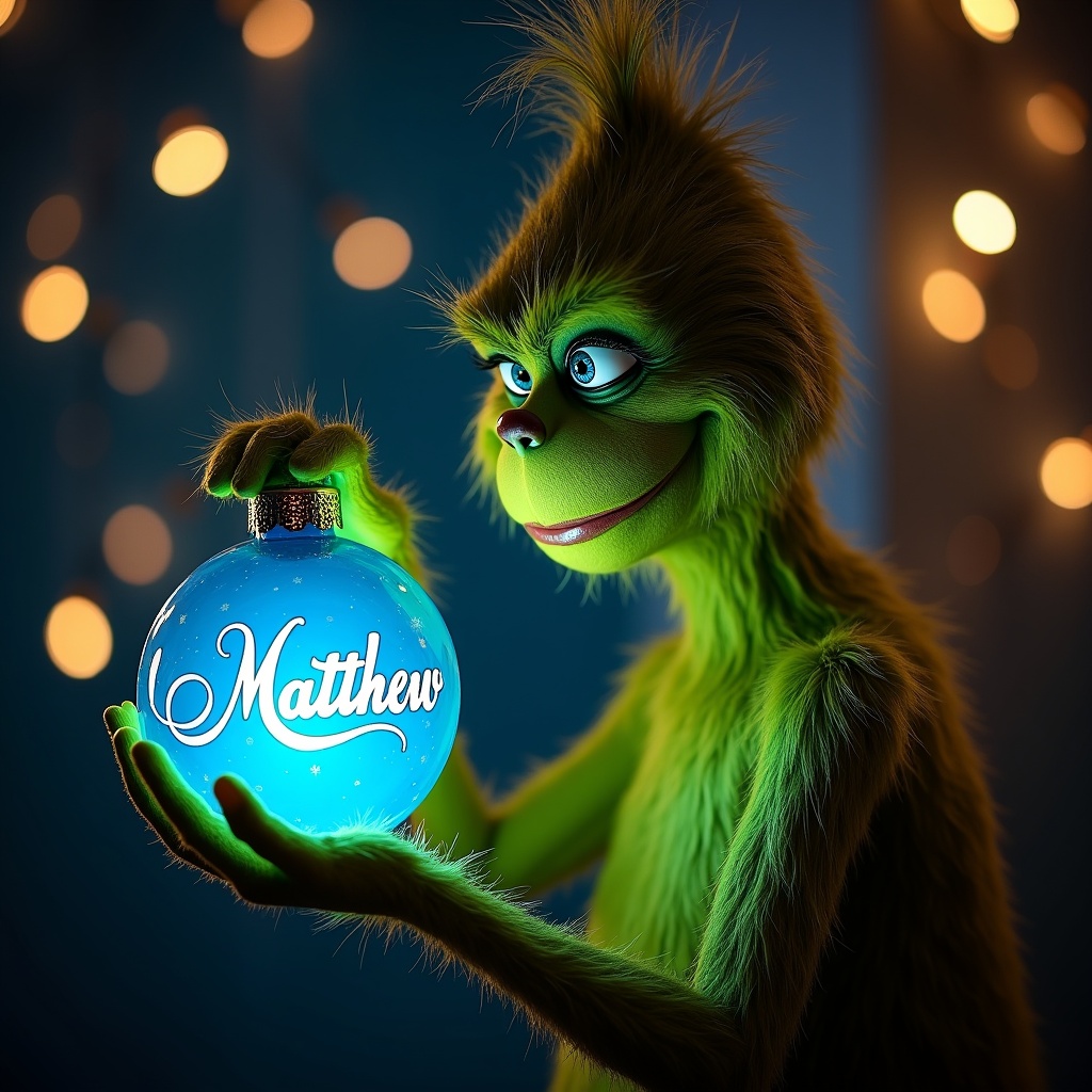 A Grinch holds a blue Christmas bauble with the name Matthew. The bauble glows in the dark with twinkling lights around it.