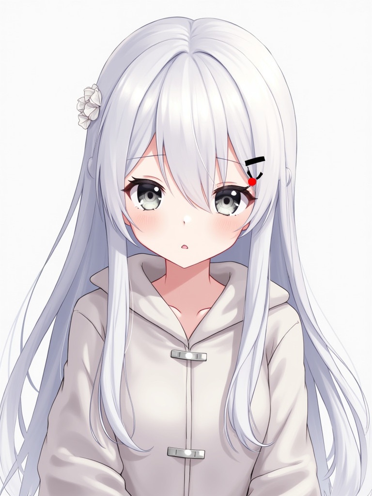 Anime-style character depicted with long white hair grey eyes and long lashes. Character has white skin and hair parted in the middle.