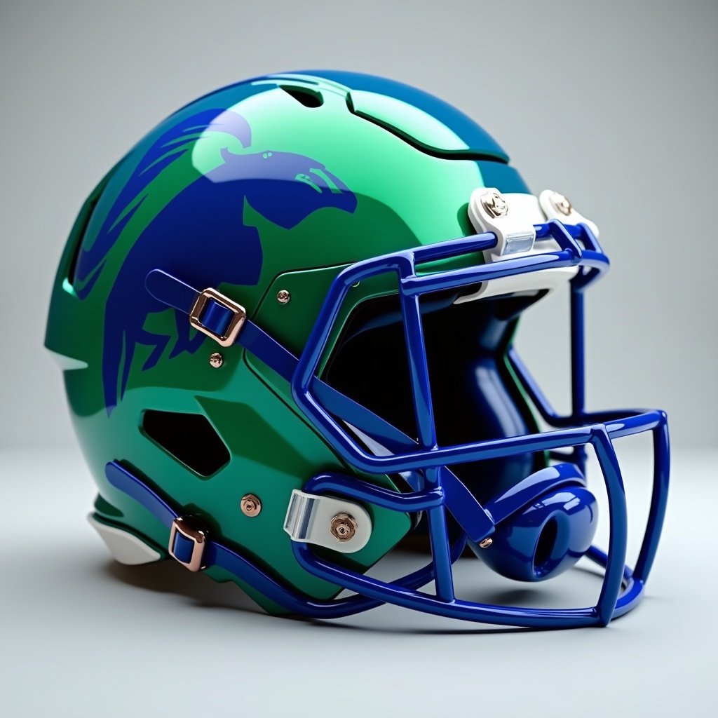 Detailed design of a blue and green football helmet for a team named the Roughriders. Showcases colors and logo prominently.