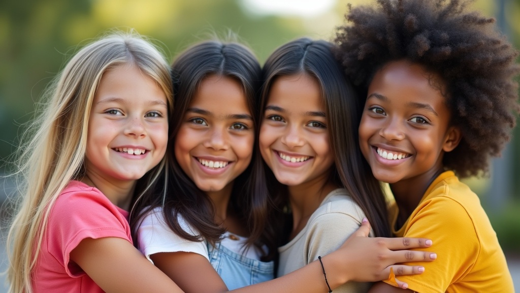 Four girls from different countries embrace each other joyfully. Two are blonde, one has East Asian features with straight black hair, and one has South Asian features with dark brown hair. They wear colorful casual clothes outdoors. Soft natural light enhances the friendly atmosphere. Photorealistic and vibrant colors.